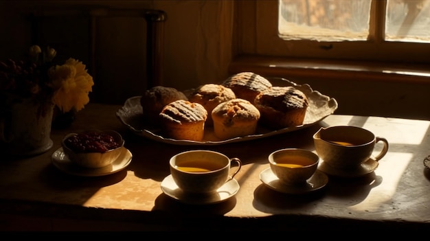 Un tavolo con muffin e una bottiglia di tè.