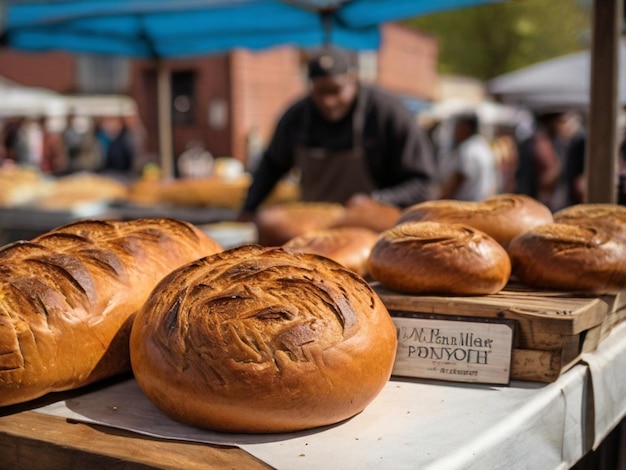 un tavolo con pane e pane su di esso e un uomo sullo sfondo