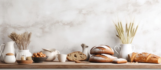 un tavolo con pane e tazze di caffè