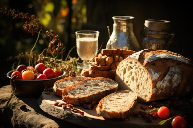 Un tavolo con pane, pomodori e pane sopra