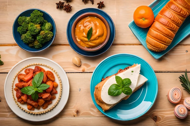 Un tavolo con piatti di cibo tra cui broccoli, carote e formaggio