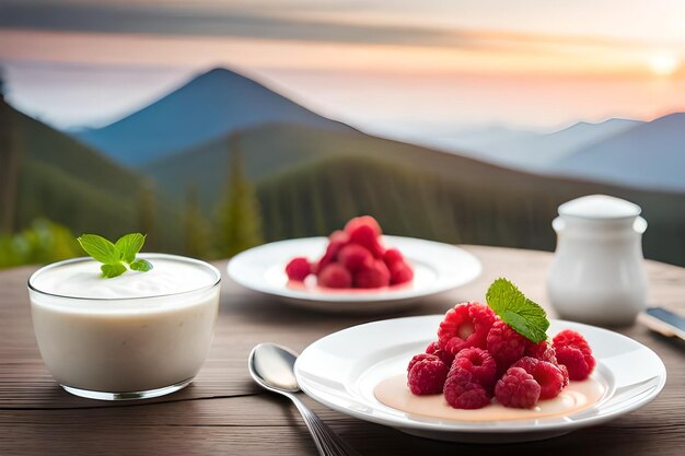 un tavolo con piatti di lamponi e una tazza di yogurt l'uno accanto all'altro con una montagna sullo sfondo.