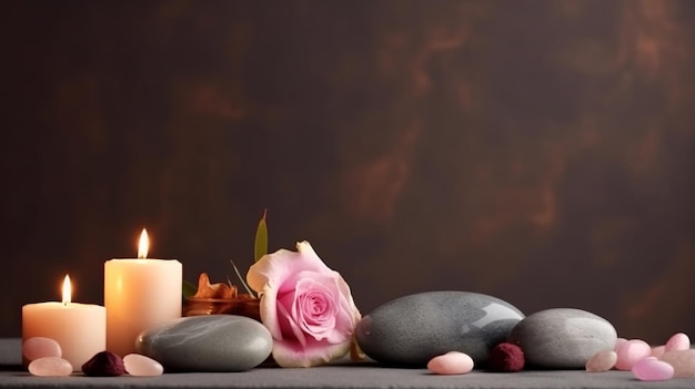 Un tavolo con pietre e candele con sopra una rosa rosa
