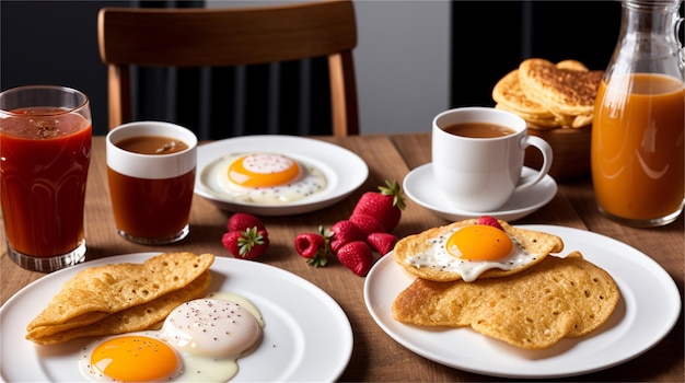 Un tavolo con prodotti per la colazione tra cui uova, toast, caffè e caffè