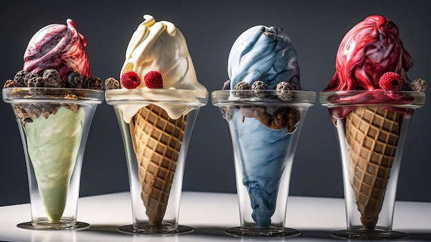 Un tavolo con quattro coni gelato allineati in fila