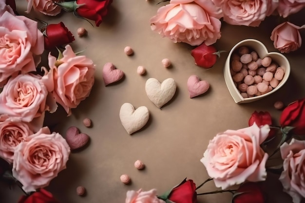 Un tavolo con rose rosa e cioccolatini a forma di cuore