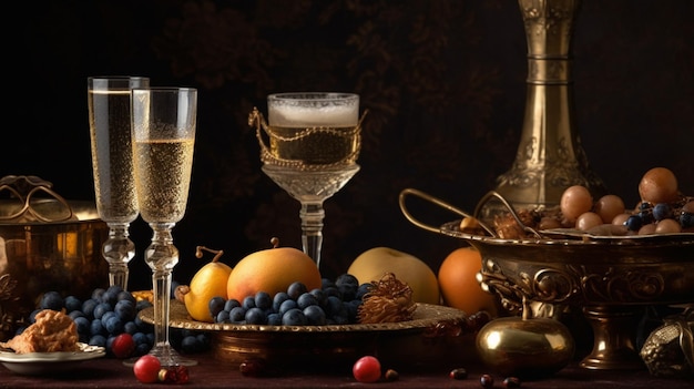 Un tavolo con sopra champagne e frutta