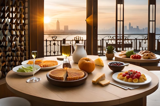 un tavolo con sopra cibo e bevande e un uomo seduto al tavolo con vista sulla città.