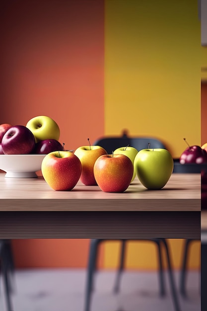 Un tavolo con sopra delle mele e una ciotola di frutta