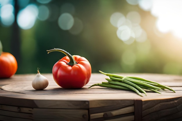 Un tavolo con sopra delle verdure e sopra una cipolla verde