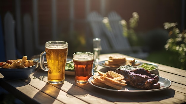 Un tavolo con sopra due bicchieri di birra e un piatto di cibo