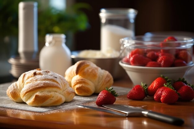 Un tavolo con sopra un croissant e fragole