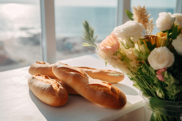 Un tavolo con sopra un mazzo di fiori e baguette