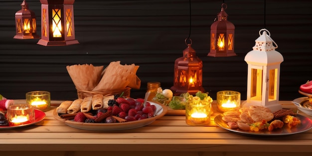 Un tavolo con sopra un piatto di cibo e delle candele