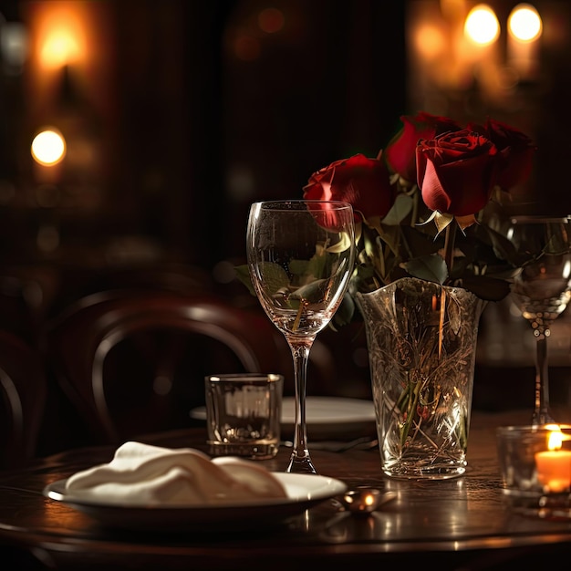 Un tavolo con sopra una candela e delle rose