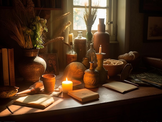 Un tavolo con sopra una candela e un vaso di fiori