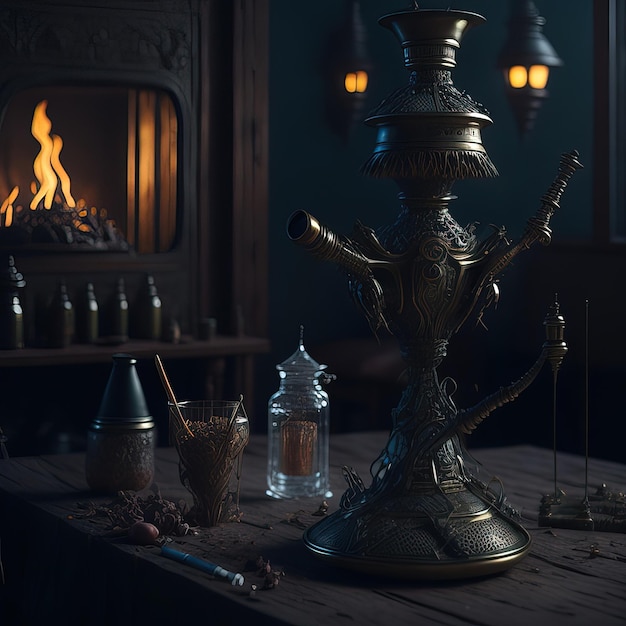 Un tavolo con sopra una candela e una bottiglia di alcol