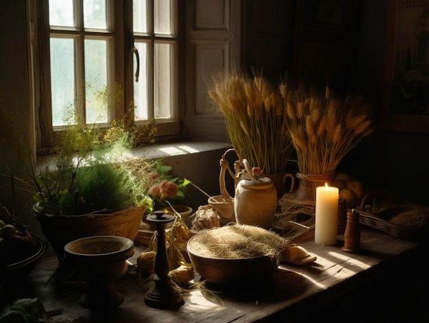 Un tavolo con sopra una candela e una ciotola di grano