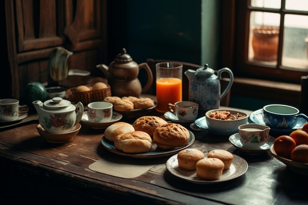 Un tavolo con sopra una tazza di caffè e un piatto di muffin