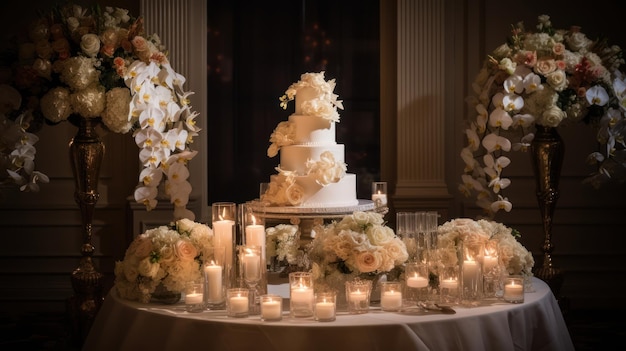 Un tavolo con sopra una torta e delle candele