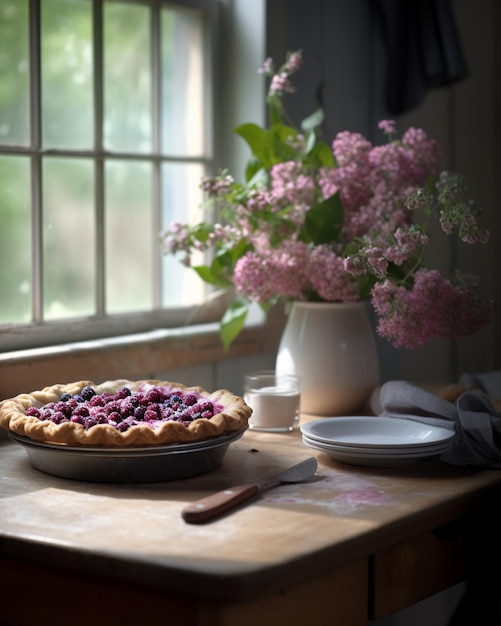 Un tavolo con sopra una torta e un vaso di fiori