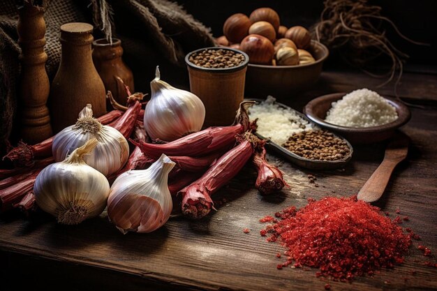 un tavolo con spezie e spezie tra cui aglio, aglio e aglio.