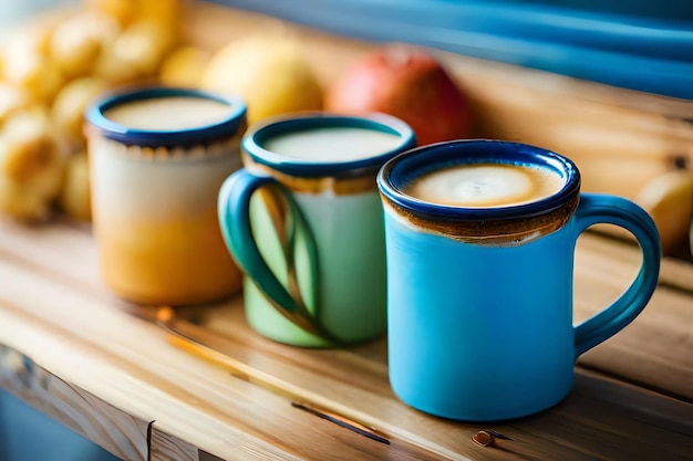 un tavolo con tazze e tazze di caffè e frutta su di esso