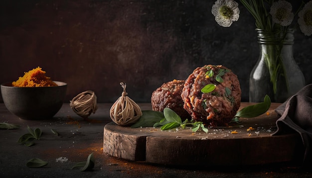 Un tavolo con tre polpette e un mazzo di fiori