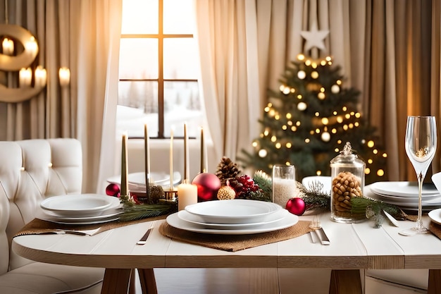 Un tavolo con un albero di Natale e una candela sopra