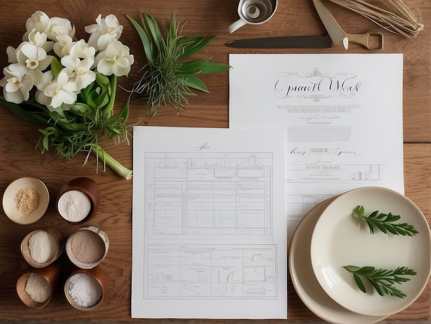 un tavolo con un bouquet di fiori e un menu su di esso con un coltello