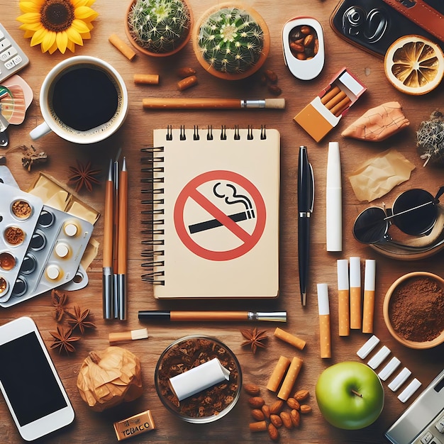 un tavolo con un cartello vietato al fumo e un cartello proibito al fumo