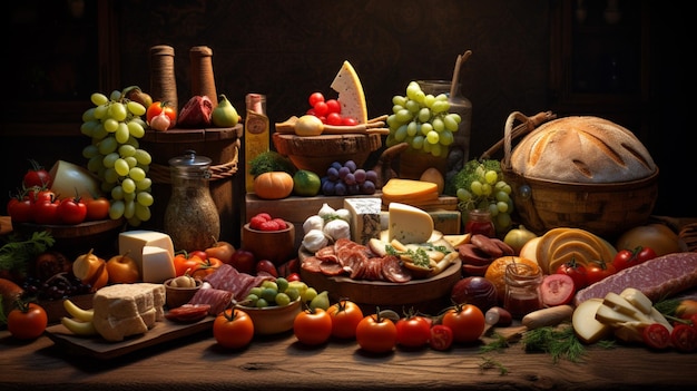 un tavolo con un cesto di cibo e un cesto Di frutta e verdura