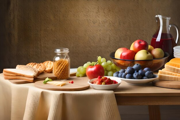 un tavolo con un cesto di frutta e un piatto di pane