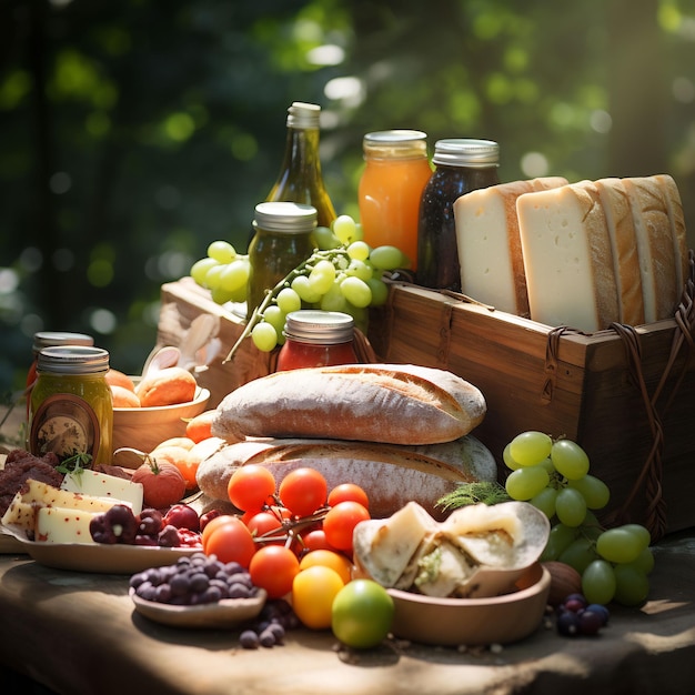 un tavolo con un cesto di pane, formaggio e uva