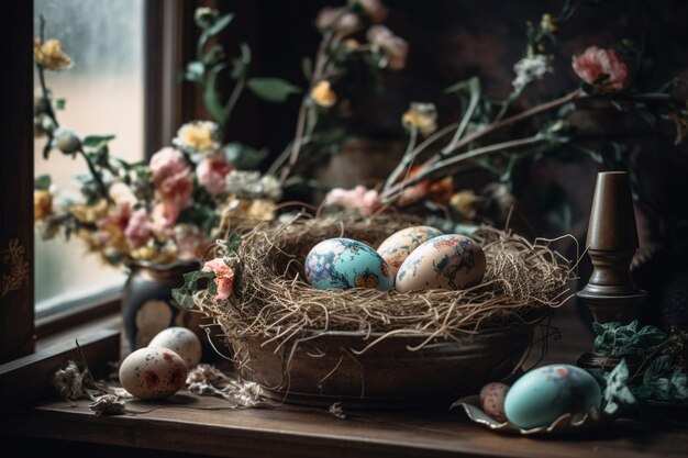 Un tavolo con un cesto di uova di Pasqua e fiori.