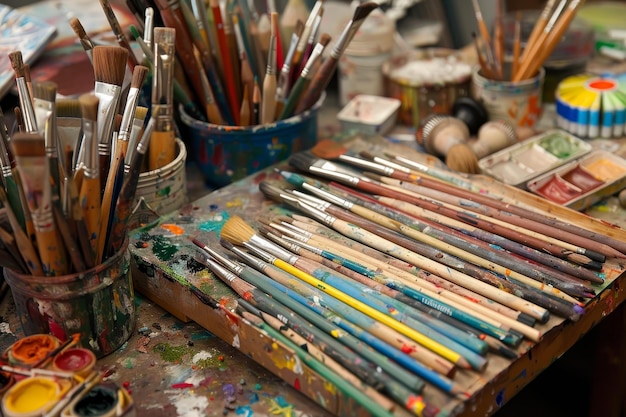 Un tavolo con un dipinto su di esso e un mucchio di pennelli e tubi di vernice