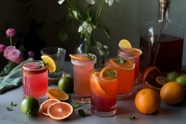Un tavolo con un mucchio di bicchieri di cocktail tra cui arance, limoni e arance.