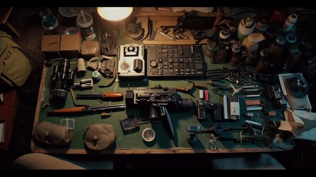 Un tavolo con un mucchio di oggetti tra cui una pistola, una pistola e una pistola.