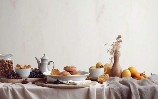 Un tavolo con un piatto di biscotti e una ciotola di frutta