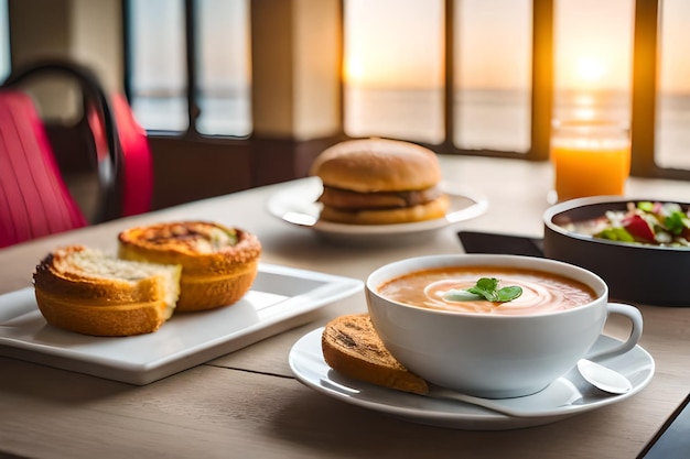 Un tavolo con un piatto di cibo che dice zuppa e sopra un panino.