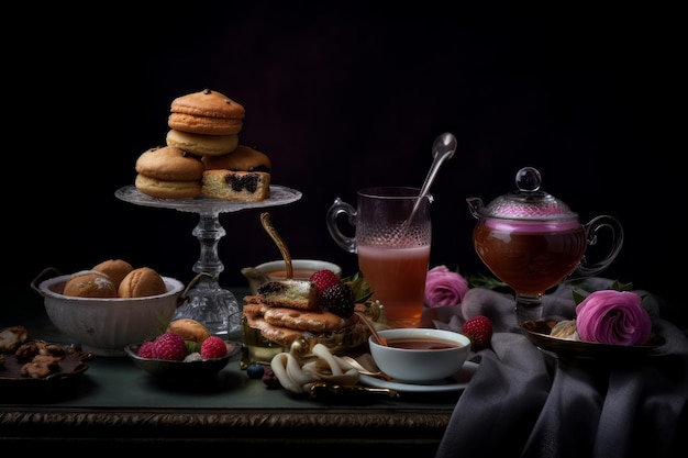 Un tavolo con un piatto di cibo e una teiera di vetro con sopra una tazza di tè.