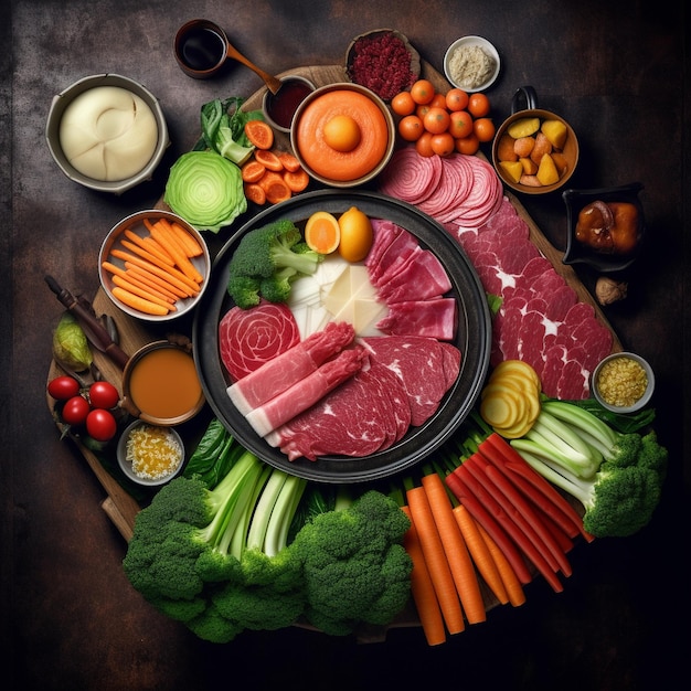 un tavolo con un piatto di cibo tra cui carne, verdure e verdure
