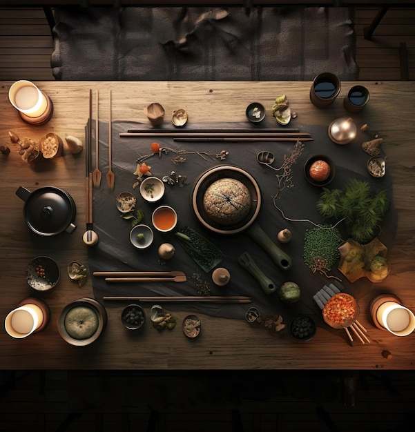 Un tavolo con un sacco di cibo e spezie ingredienti