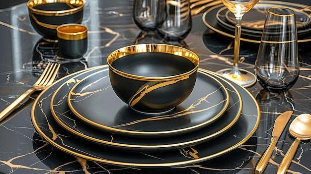 Un tavolo con un set di piatti, ciotole e utensili neri e dorati