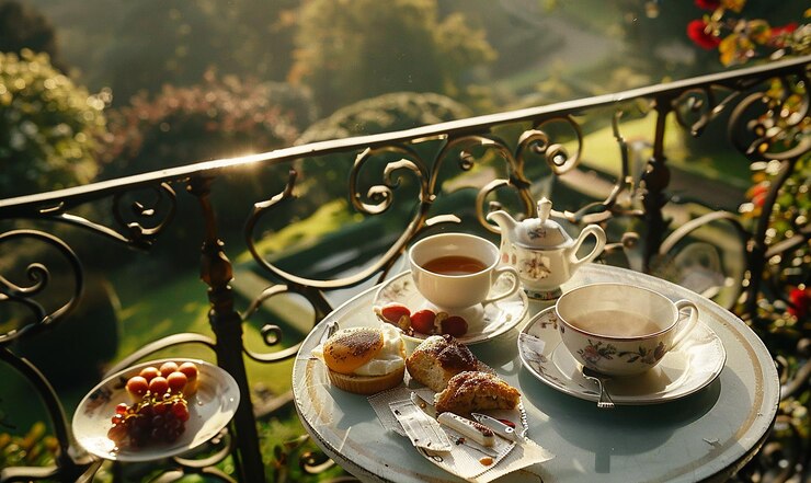 Foto un tavolo con un set di tè e un set di té con una tazza e un piatto