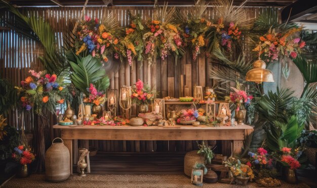 Un tavolo con un tavolo con fiori e piante sullo sfondo