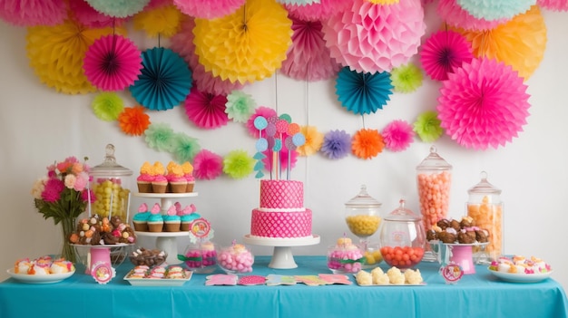 Un tavolo con un tavolo da festa rosa e blu con sopra una torta e caramelle.
