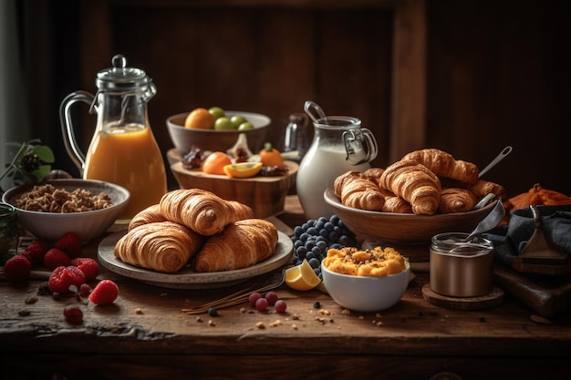 Un tavolo con un tavolo per la colazione con una tazza di succo d'arancia e croissant.