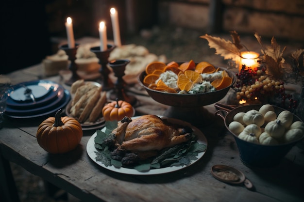 Un tavolo con un tavolo pieno di cibo tra cui un tacchino, zucche e una candela.