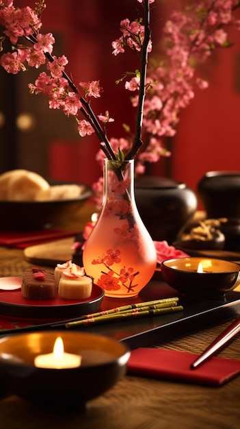 Un tavolo con un vaso con fiori e un piatto con del cibo sopra